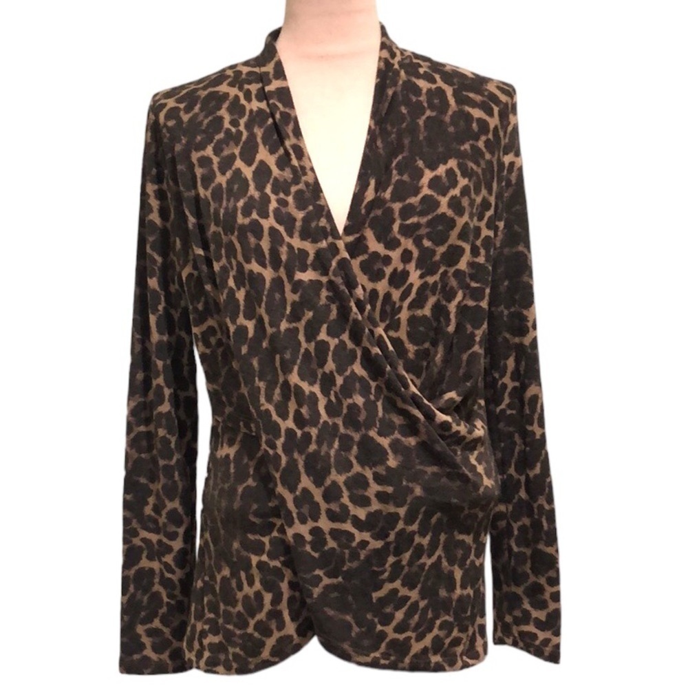 1.State Knit Top Size Medium Brown Leopard Print Twist Wrapped Front